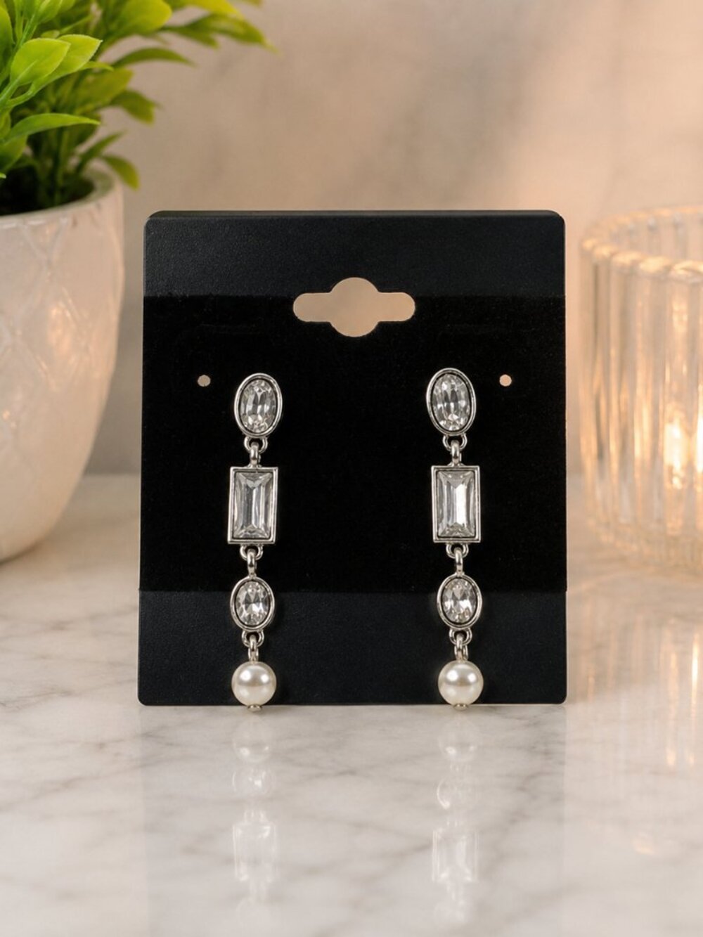 Crystal & Pearl Drop Dangle Earrings Silver Tone CZ NWT